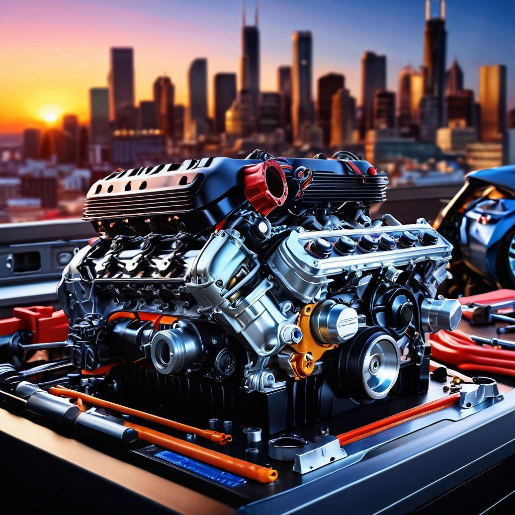 A gleaming high-performance car engine on a workbench, surrounded by tuning tools and performance gauges, with vibrant colors highlighting the intricate details of the engine components. The background shows a dynamic city skyline at sunset, symbolizing speed and excitement. The scene conveys a sense of innovation and joy in automotive engineering. super-realistic. vibrant colors. 3D.