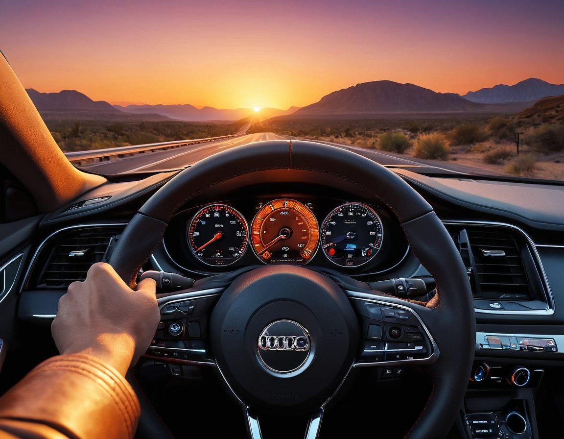 A dynamic scene showcasing a vibrant car dashboard with advanced tuning features, illuminated dials, and a digital display showcasing 'DP Tuner Enhancements.' The backdrop features a scenic highway stretching into a sunset, symbolizing freedom and joy. Include smiling drivers experiencing the thrill of driving. The image captures the excitement and improved driving experience through technology. super-realistic. vibrant colors. sunset background.