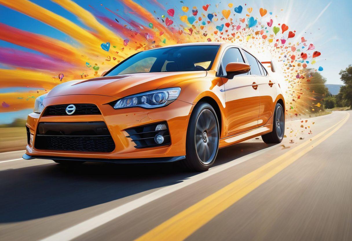 A vibrant scene of a sporty car zooming down a sunlit road, bursting with an explosion of colorful happiness symbols (like smiley faces, hearts, and sunbursts) in the background. The driver, a joyful person, is visibly smiling, enjoying the ride. Incorporate elements of performance modifications like racing stripes and custom wheels to highlight the theme of enhanced driving. The sky is a bright blue, creating an uplifting atmosphere. super-realistic. vibrant colors. white background.